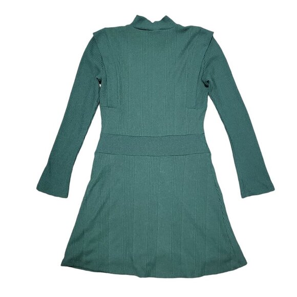 Maeve Strong Shoulder Ribbed Green Mock Neck Lined Preppy Sweater Mini Dress - M - Picture 2 of 10